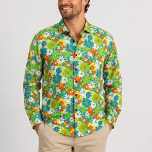 JOGAL Flower Power Daisy Print Festival Long Sleeve Button Up Men's XL Retro EUC